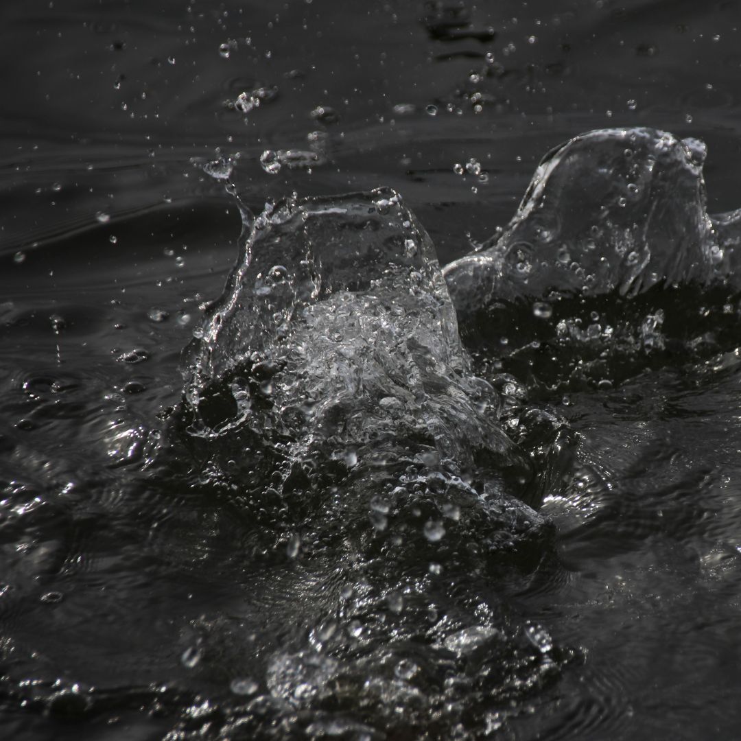 Nahaufnahme von aufspritzendem Wasser mit großen Luftblasen und Wellen auf einer dunklen Wasseroberfläche.