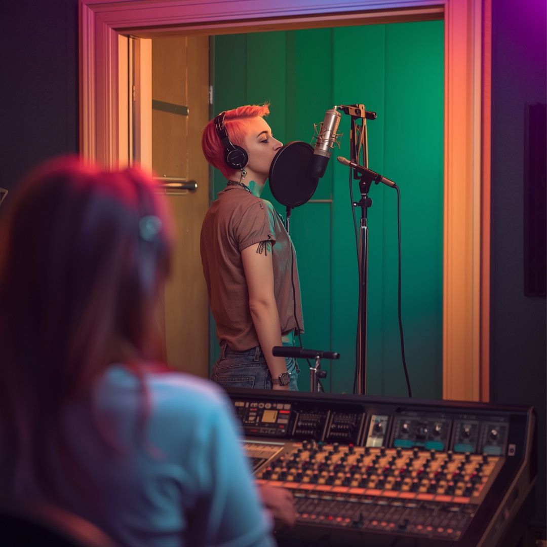 Eine Sängerin mit pinken Haaren nimmt in einem Tonstudio Gesang auf, während eine Person am Mischpult die Aufnahme überwacht.