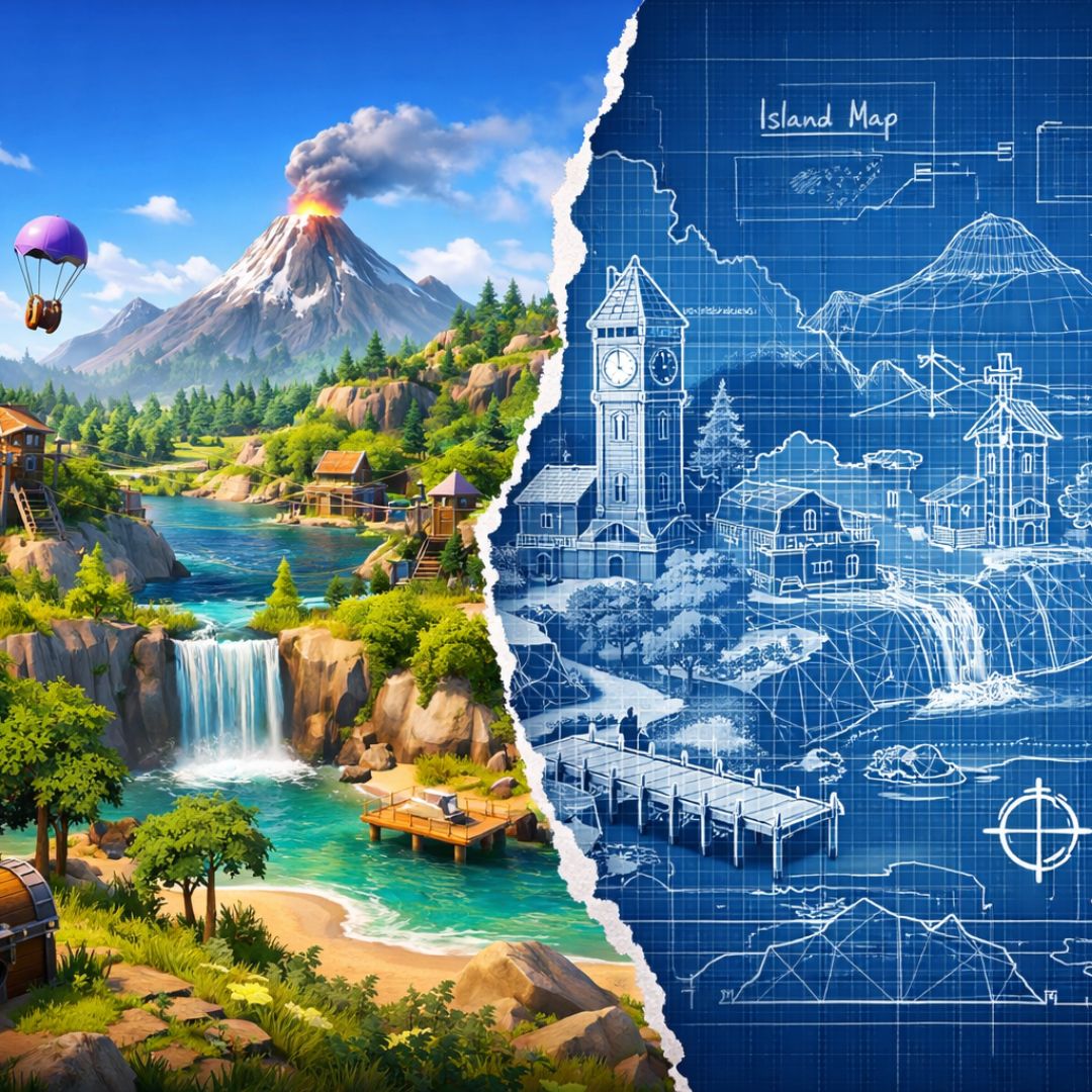 Links eine farbige Insel mit Vulkan, Wasserfall und Häusern, rechts dieselbe Szene als blaue technische Zeichnung mit „Island Map“-Beschriftung.