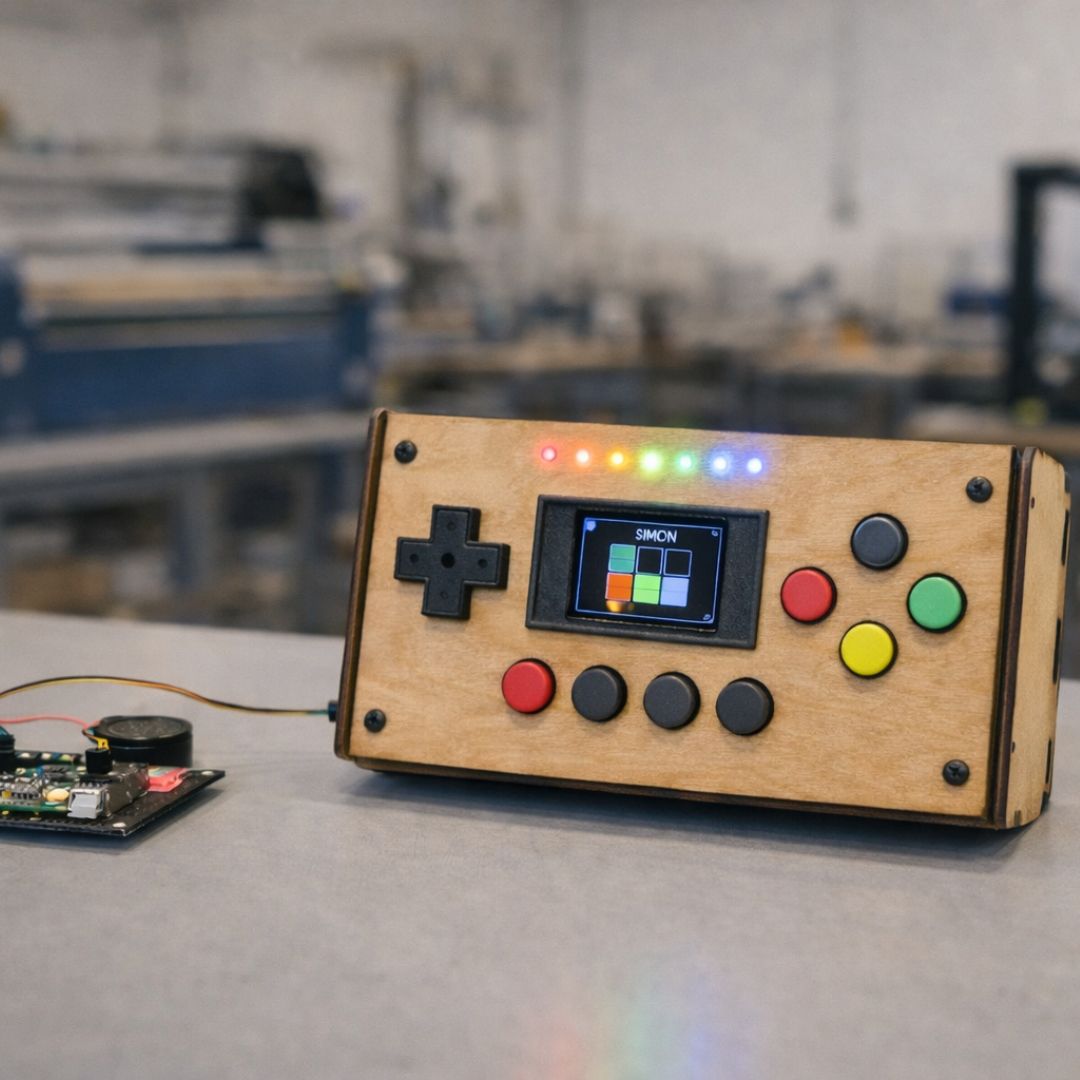 Handgefertigter Holz-Controller mit Display für das Spiel „SIMON“, farbigen LEDs und Tasten, auf einem Tisch in einer Werkstatt neben einer offenen Elektronikplatine.