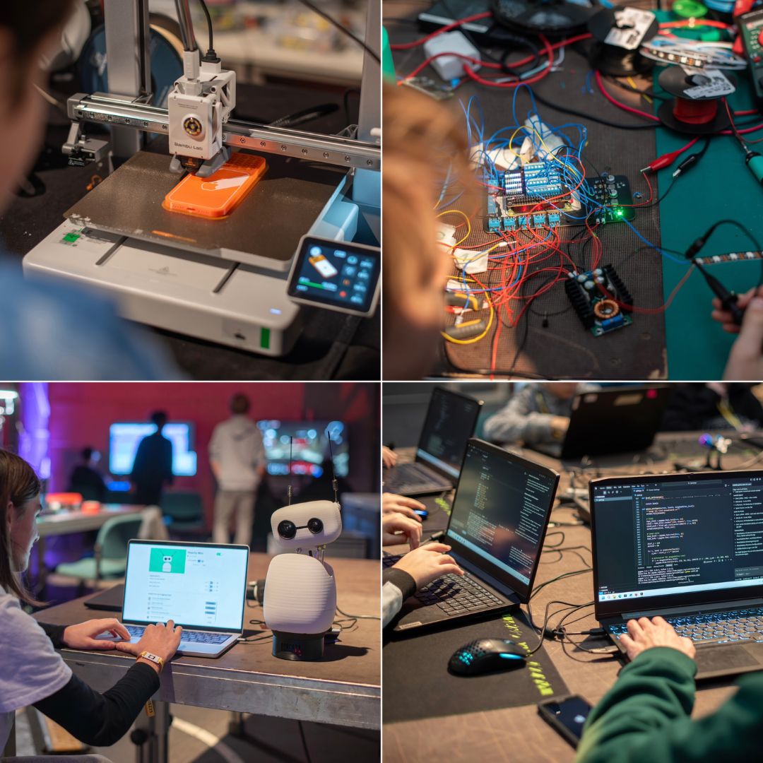 Vier Szenen zeigen 3D-Druck, Elektronikbastelei, einen kleinen Roboter neben Laptop und Programmieren an mehreren Laptops.