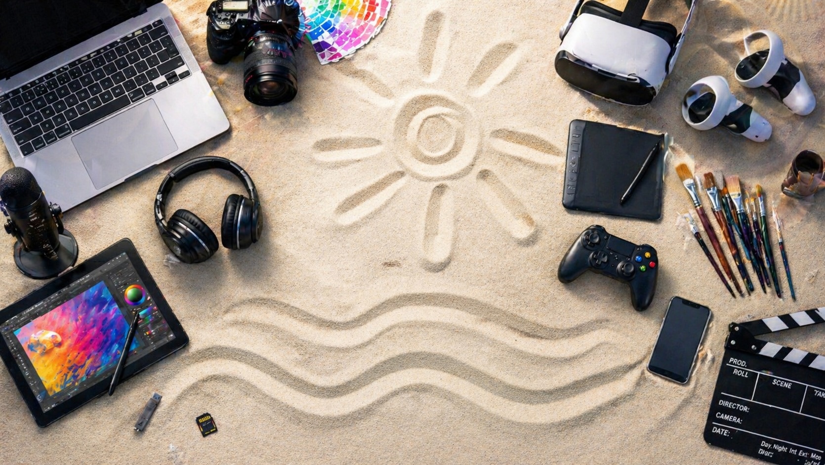 Kreative Technikgeräte wie Laptop, Kamera, VR-Brille, Grafiktablet und Pinsel liegen im Sand um eine gezeichnete Sonne und Wellen – Symbol für kreative Sommerarbeit.