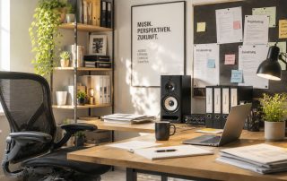Heller, moderner Büroraum mit Holzschreibtisch, Laptop, Pflanzen, Studiolautsprecher und einer Pinnwand mit deutschen Projektunterlagen und Notizen zu Musik- und Jugendförderung.